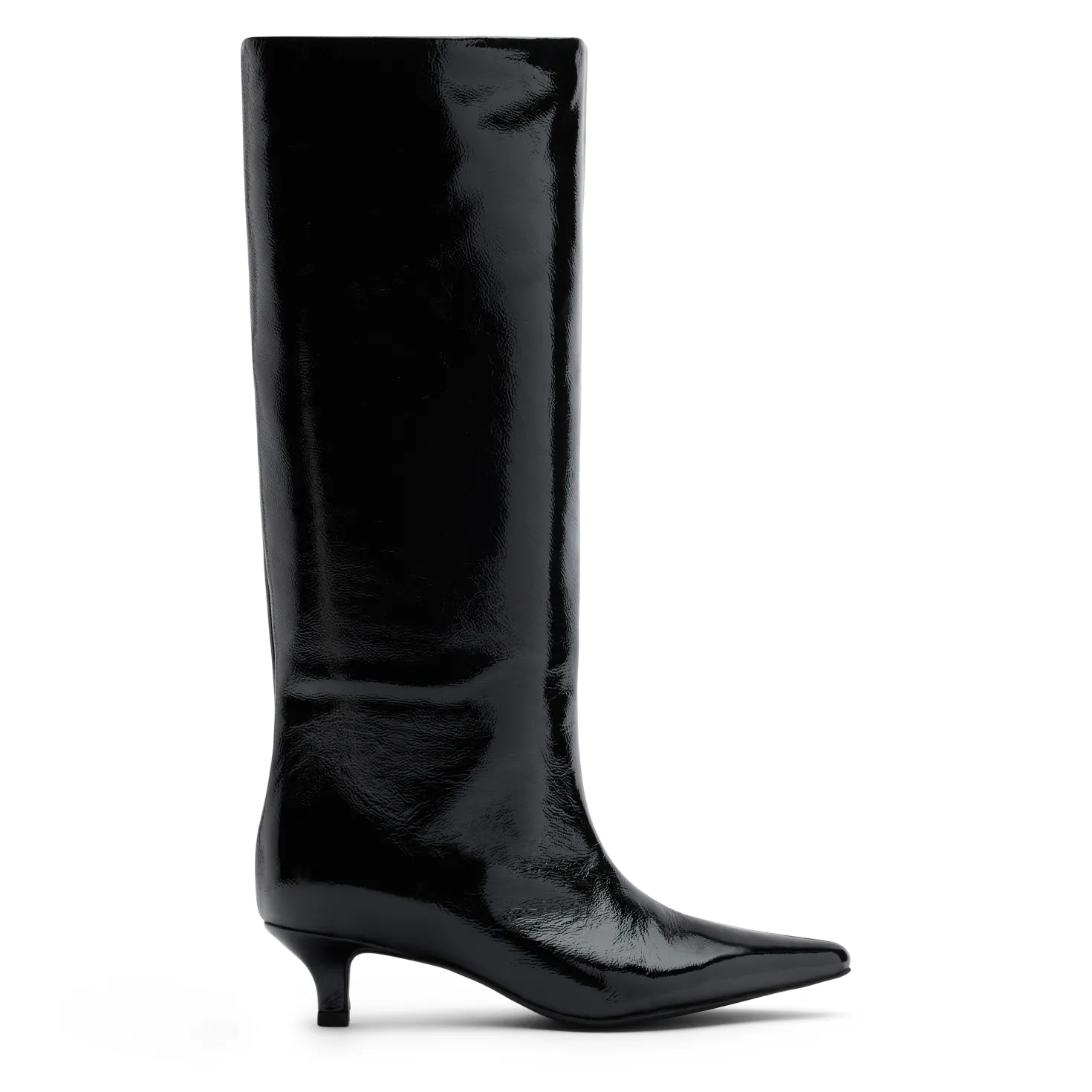 Zwarte hoge lakleren laarzen met kitten heel
