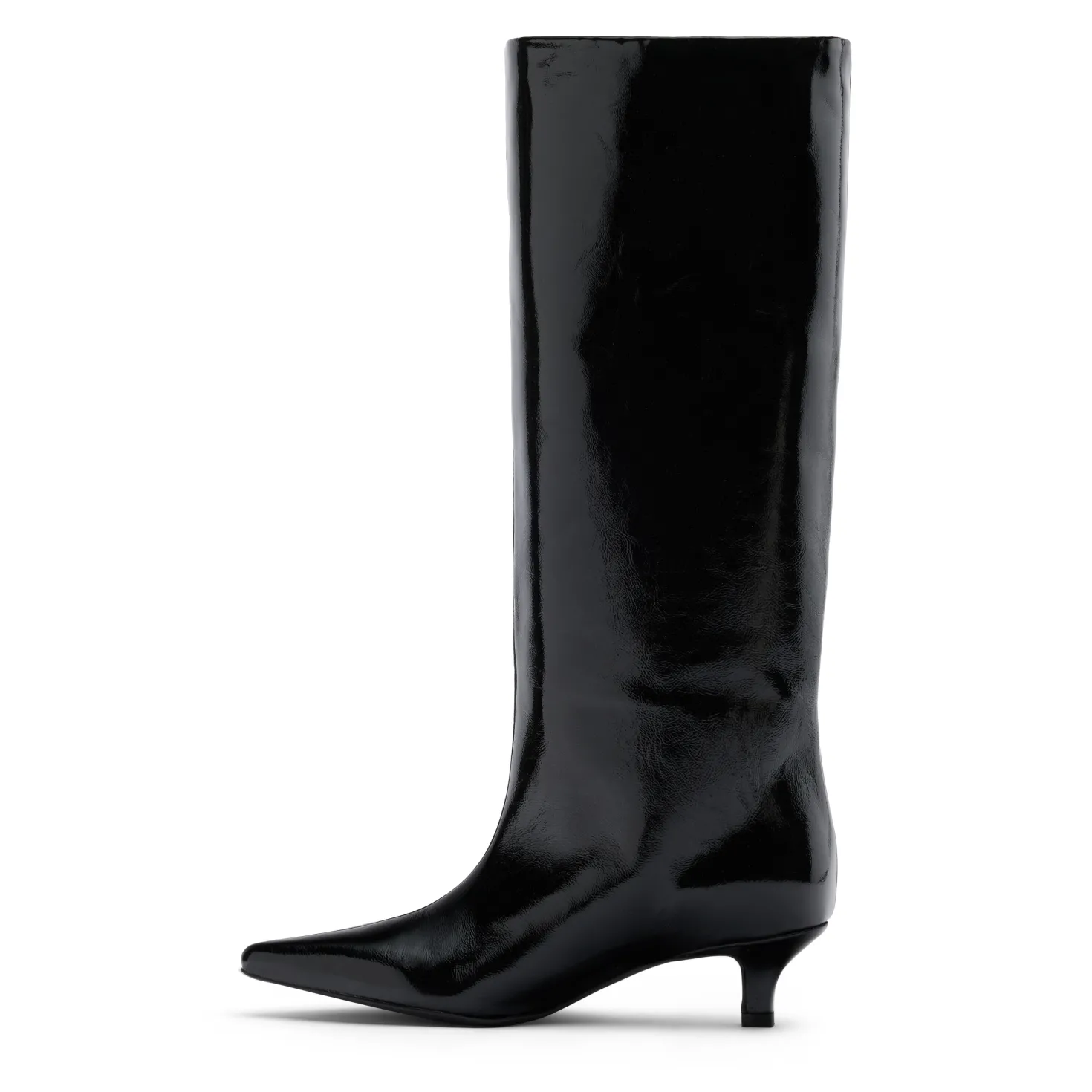 Zwarte hoge lakleren laarzen met kitten heel