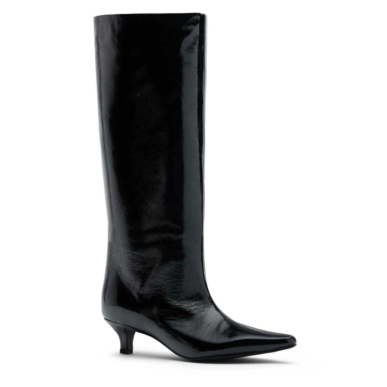Zwarte hoge lakleren laarzen met kitten heel