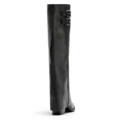 Zwarte hoge leren buckle laarzen met flap