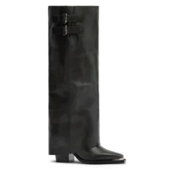 Zwarte hoge leren buckle laarzen met flap