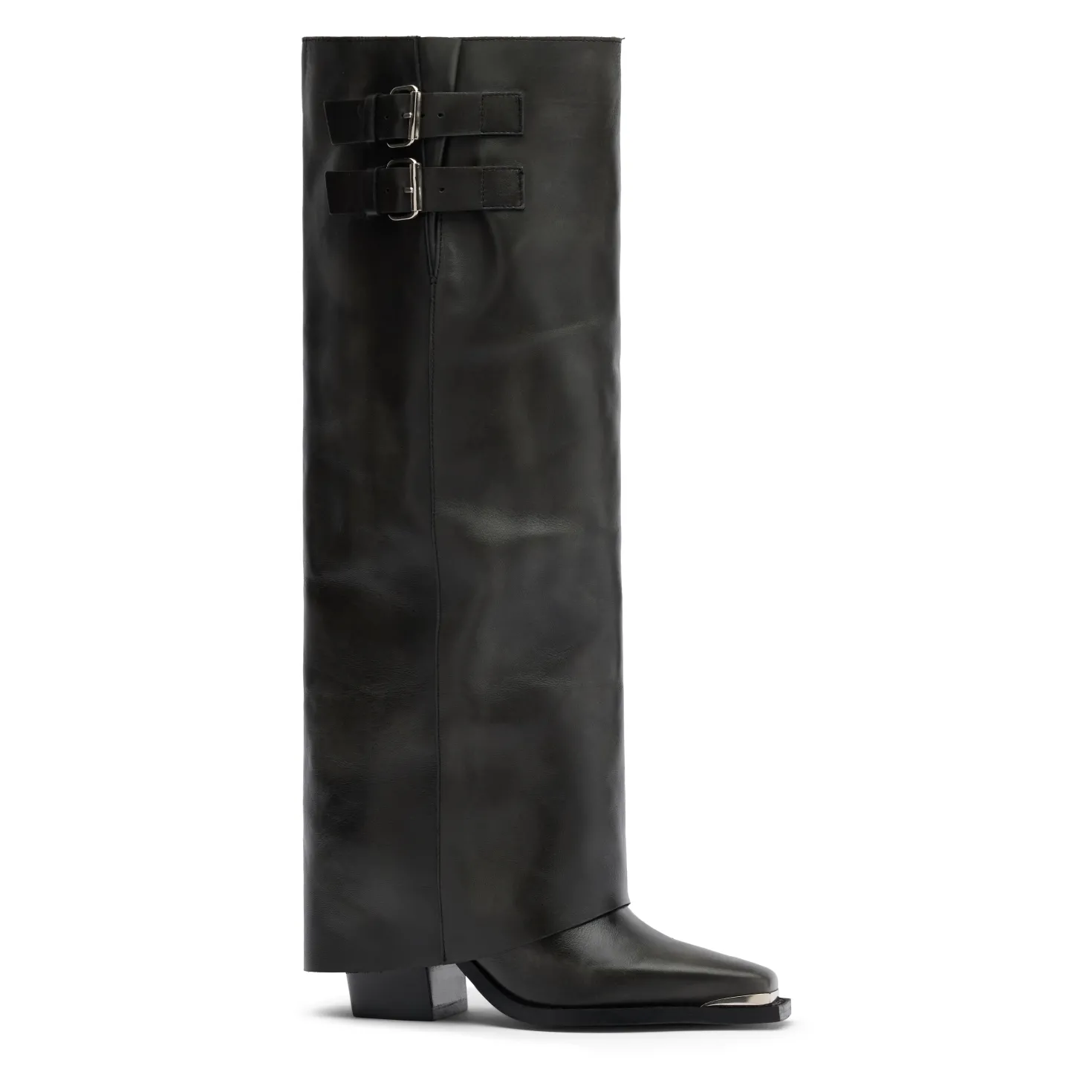 Zwarte hoge leren buckle laarzen met flap