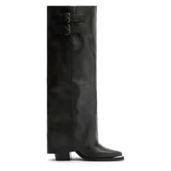Zwarte hoge leren buckle laarzen met flap