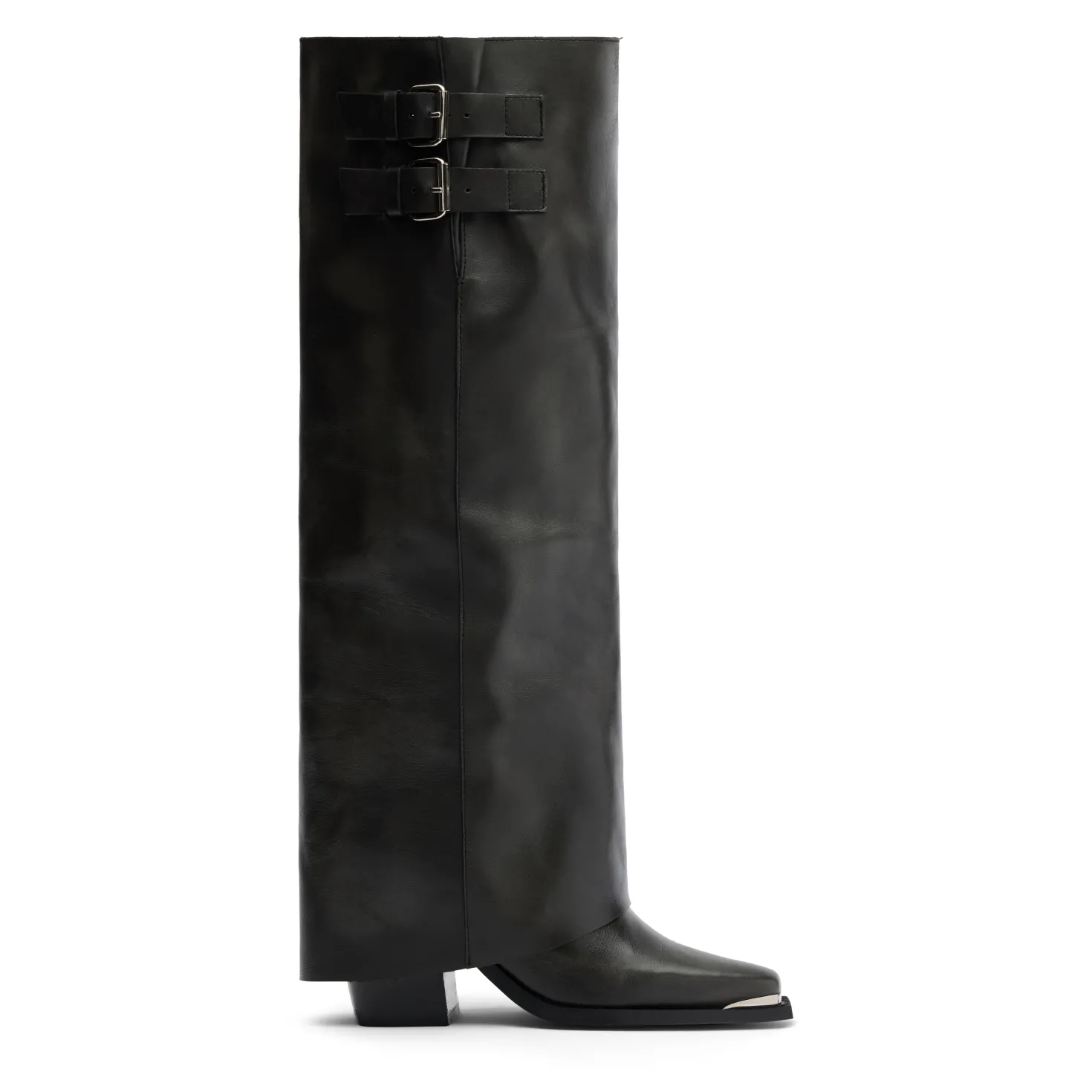 Zwarte hoge leren buckle laarzen met flap