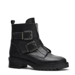 Zwarte leren biker boots met zilverkleurige gespen