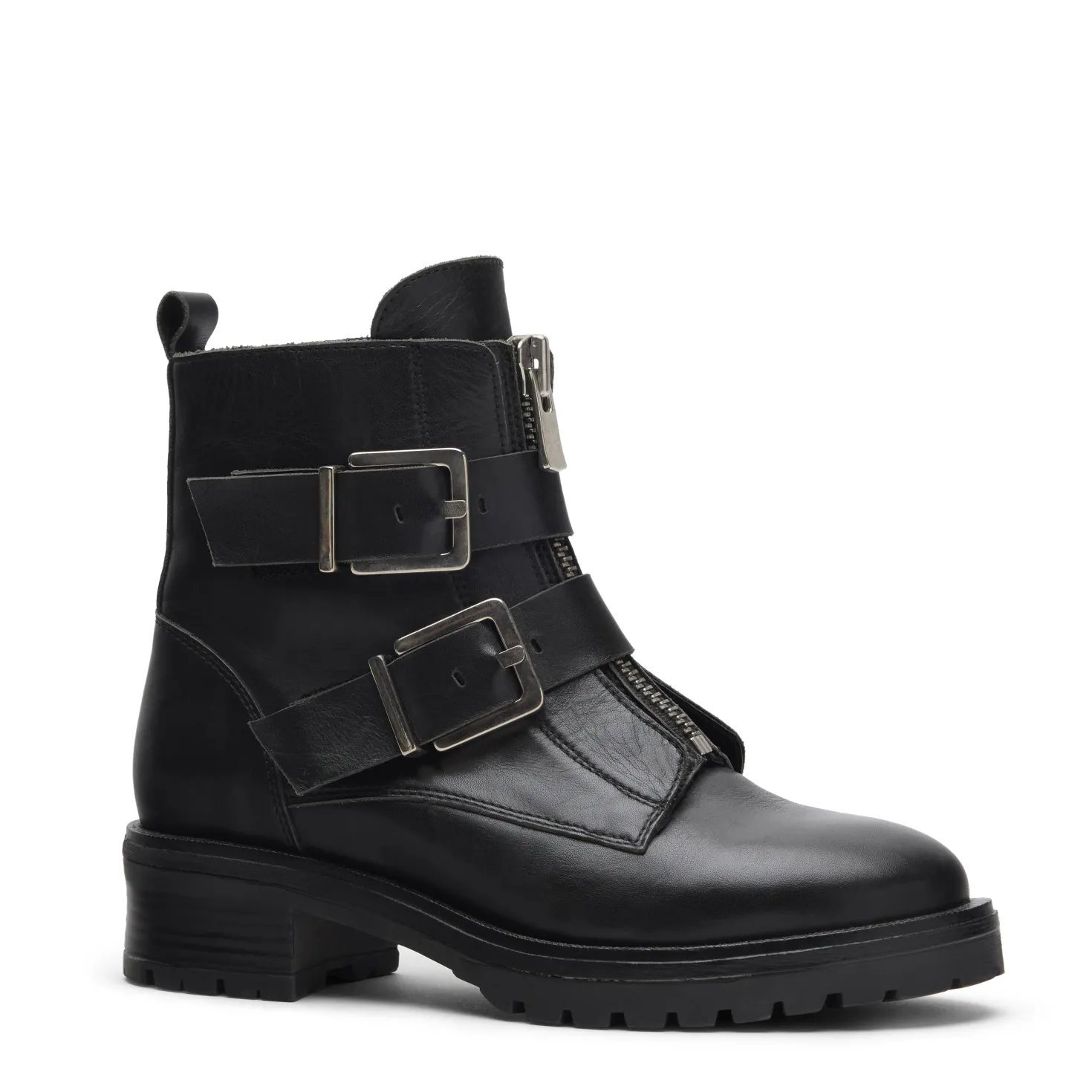 Zwarte leren biker boots met zilverkleurige gespen