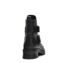 Zwarte leren biker boots met zilverkleurige gespen
