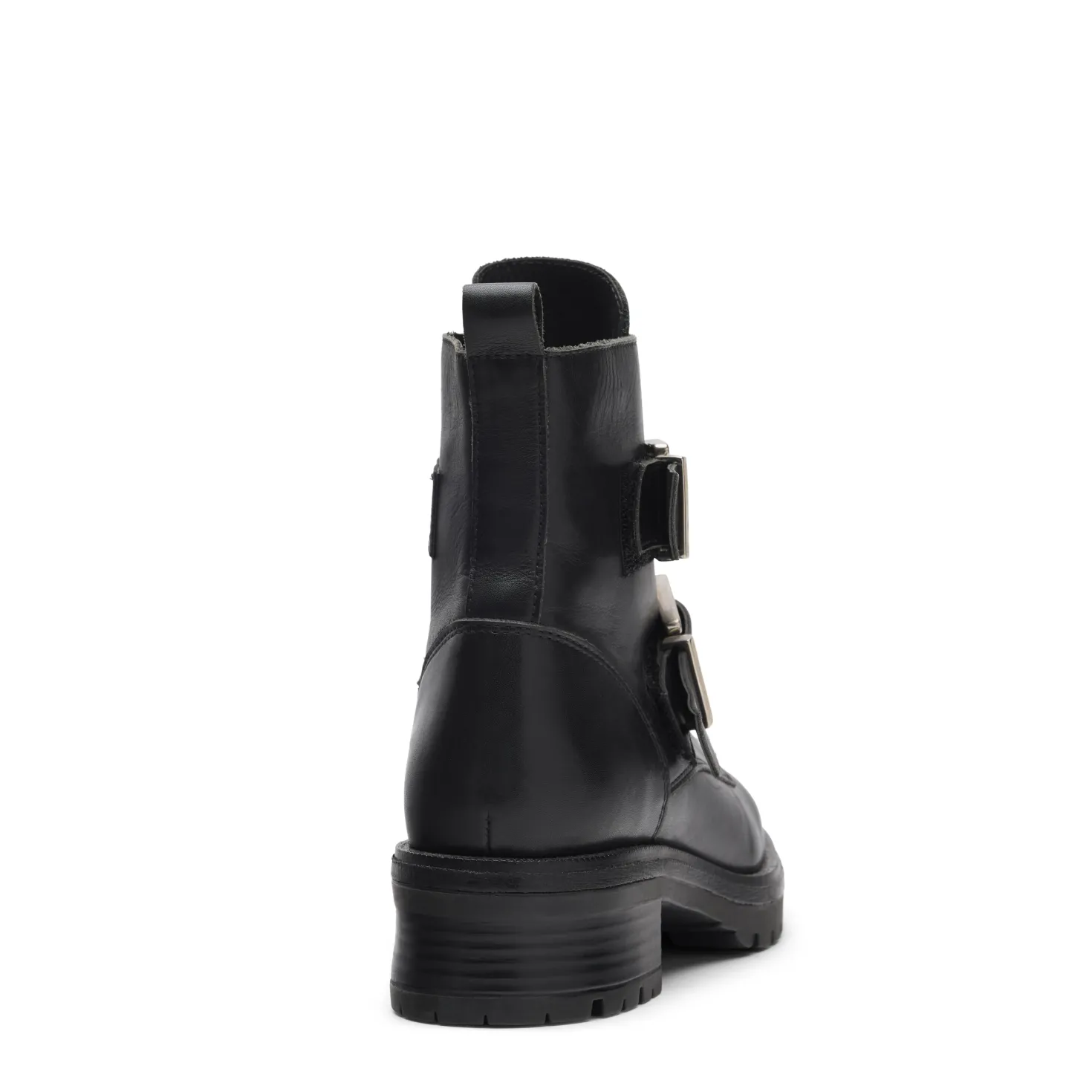 Zwarte leren biker boots met zilverkleurige gespen