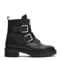 Zwarte leren biker boots met zilverkleurige gespen