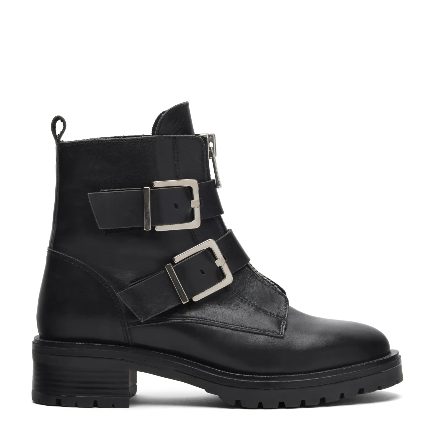 Zwarte leren biker boots met zilverkleurige gespen