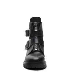 Zwarte leren biker boots met zilverkleurige gespen