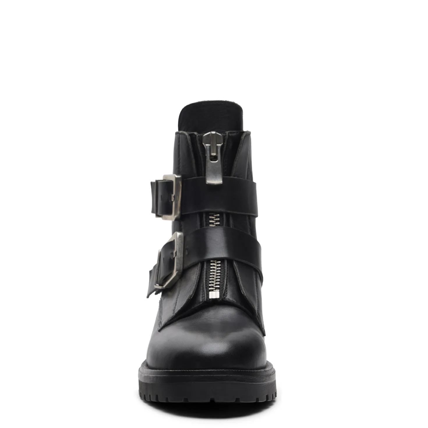 Zwarte leren biker boots met zilverkleurige gespen