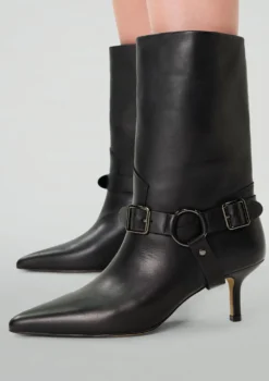 Zwarte leren buckle enkellaarsjes met hak