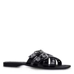 Zwarte leren buckle slippers