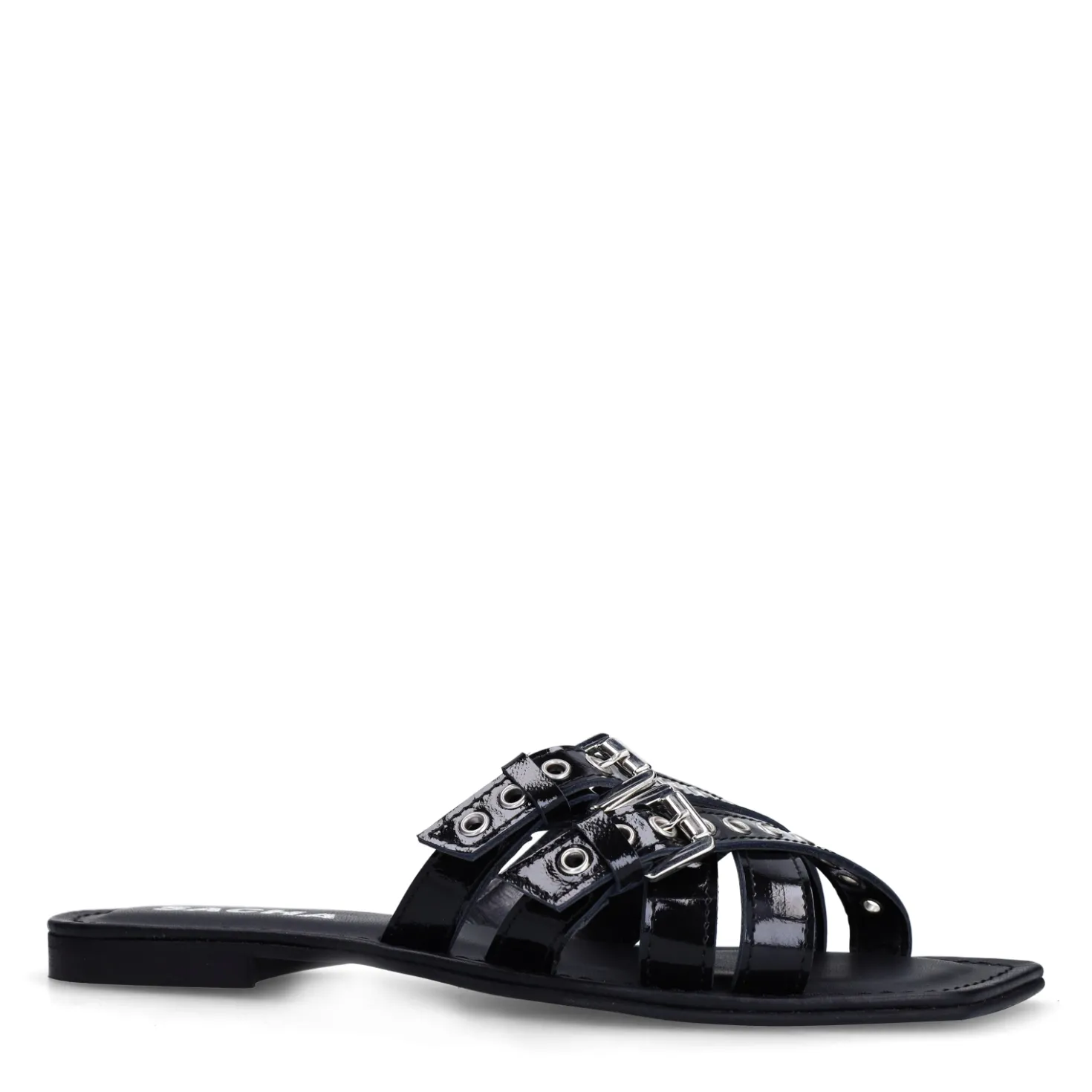 Zwarte leren buckle slippers