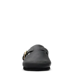 Zwarte leren clogs met gesp