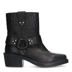 Zwarte leren croco biker boots