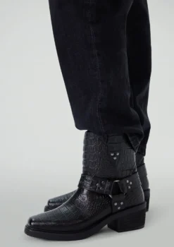 Zwarte leren croco biker boots