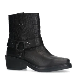 Zwarte leren croco biker boots