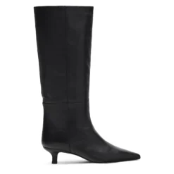 Zwarte leren hoge laarzen met kitten heel