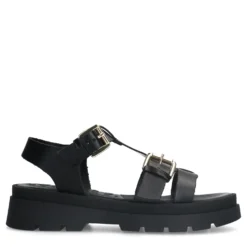 Zwarte leren plateau sandalen met goudkleurige buckles