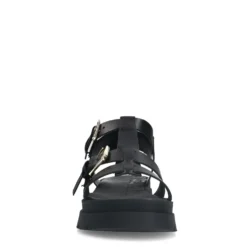 Zwarte leren plateau sandalen met goudkleurige buckles