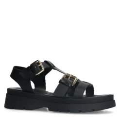 Zwarte leren plateau sandalen met goudkleurige buckles