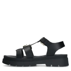Zwarte leren plateau sandalen met goudkleurige buckles