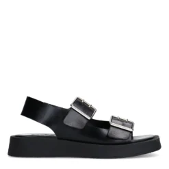 Zwarte leren plateau sandalen met zilverkleurige buckles
