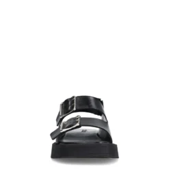 Zwarte leren plateau sandalen met zilverkleurige buckles