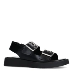 Zwarte leren plateau sandalen met zilverkleurige buckles