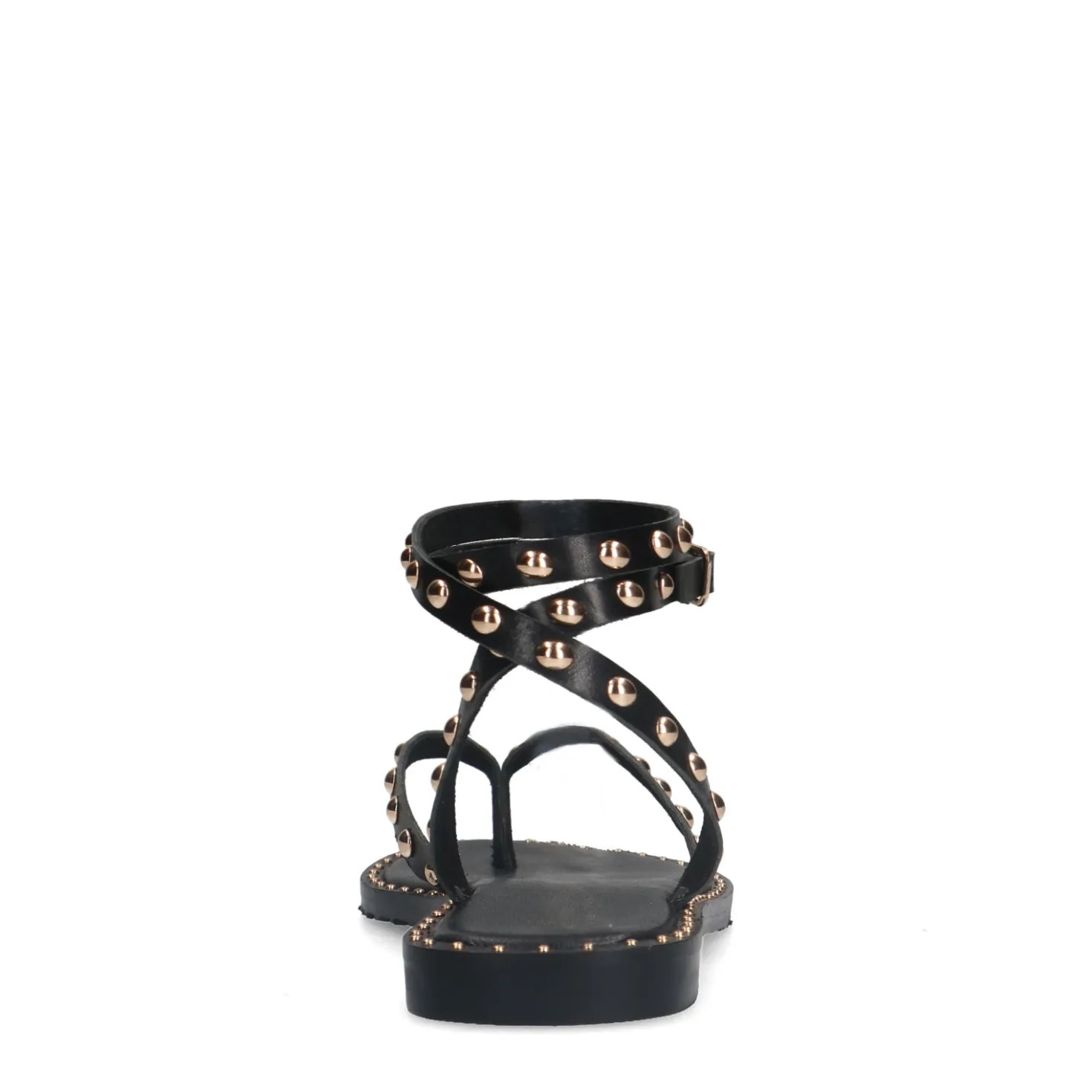 Zwarte leren platte sandalen met goudkleurige studs