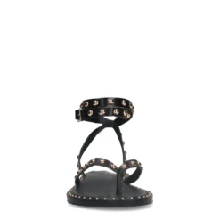 Zwarte leren platte sandalen met goudkleurige studs