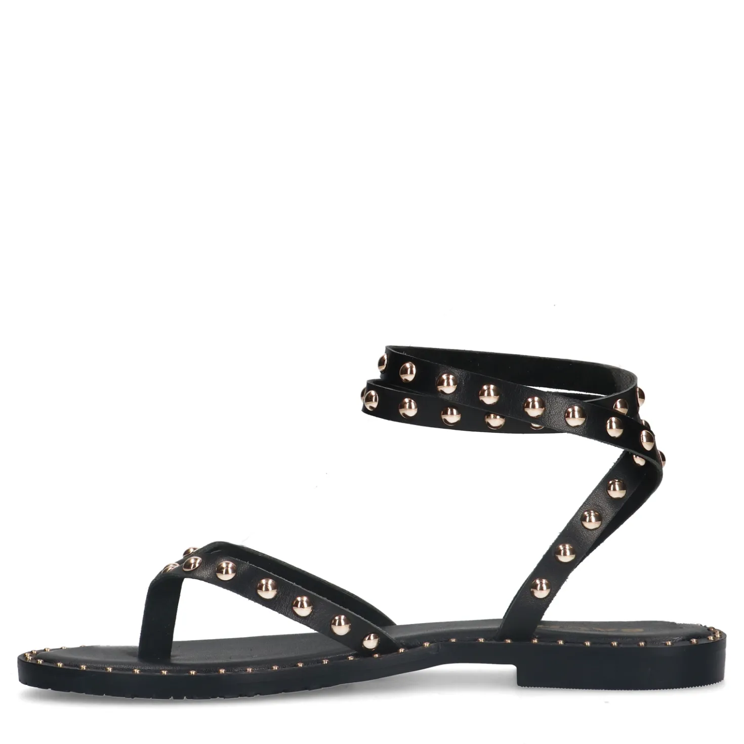 Zwarte leren platte sandalen met goudkleurige studs