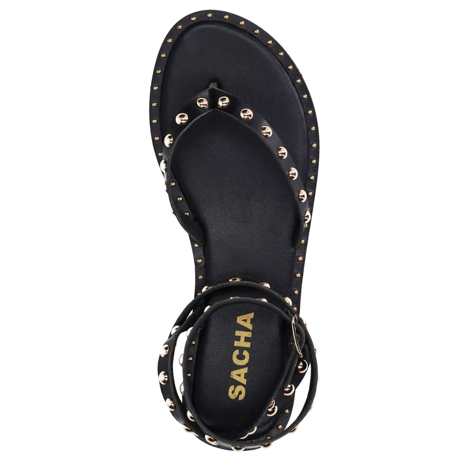 Zwarte leren platte sandalen met goudkleurige studs
