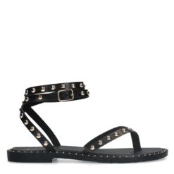 Zwarte leren platte sandalen met goudkleurige studs