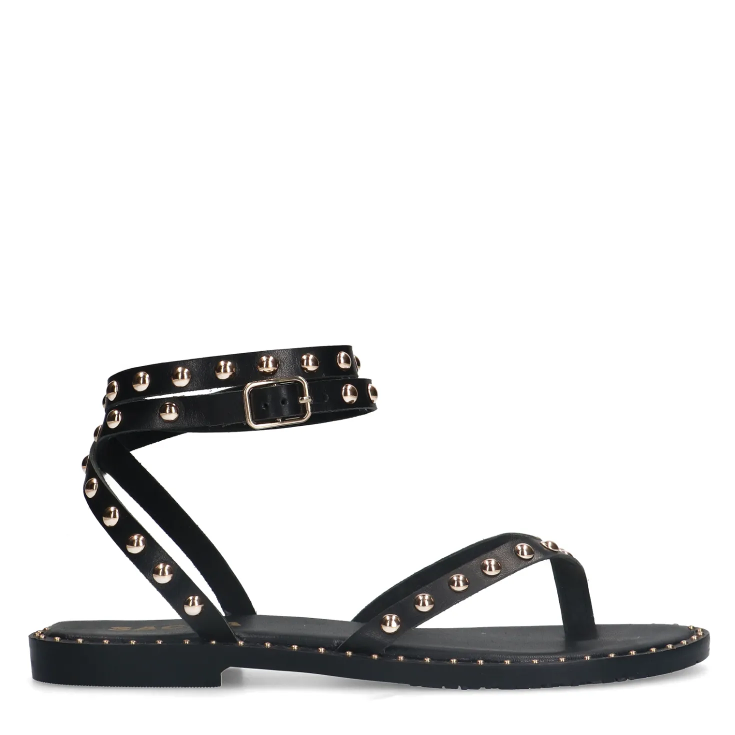 Zwarte leren platte sandalen met goudkleurige studs