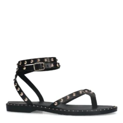 Zwarte leren platte sandalen met goudkleurige studs