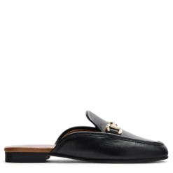 Zwarte leren slip on loafers met goudkleurige chain