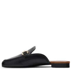 Zwarte leren slip on loafers met goudkleurige chain