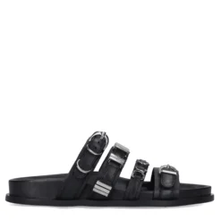 Zwarte leren slippers met buckles