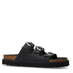 Zwarte leren slippers met buckles