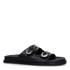 Zwarte leren slippers met buckles