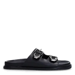 Zwarte leren slippers met buckles