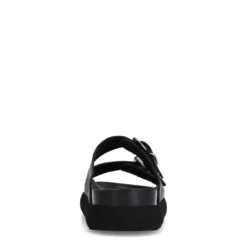 Zwarte leren slippers met goudkleurige buckles