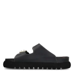 Zwarte leren slippers met goudkleurige buckles