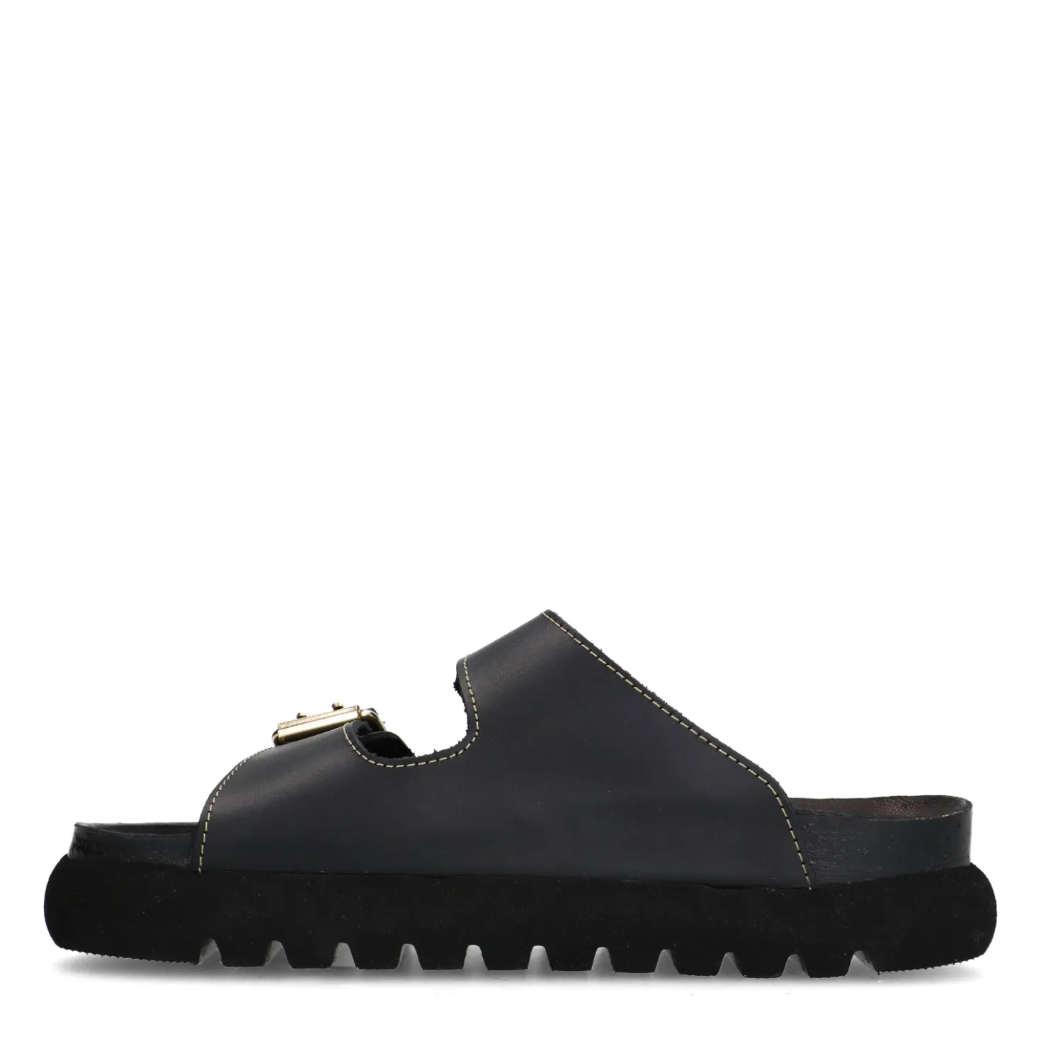 Zwarte leren slippers met goudkleurige buckles