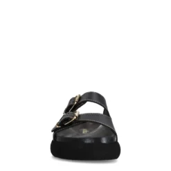Zwarte leren slippers met goudkleurige buckles