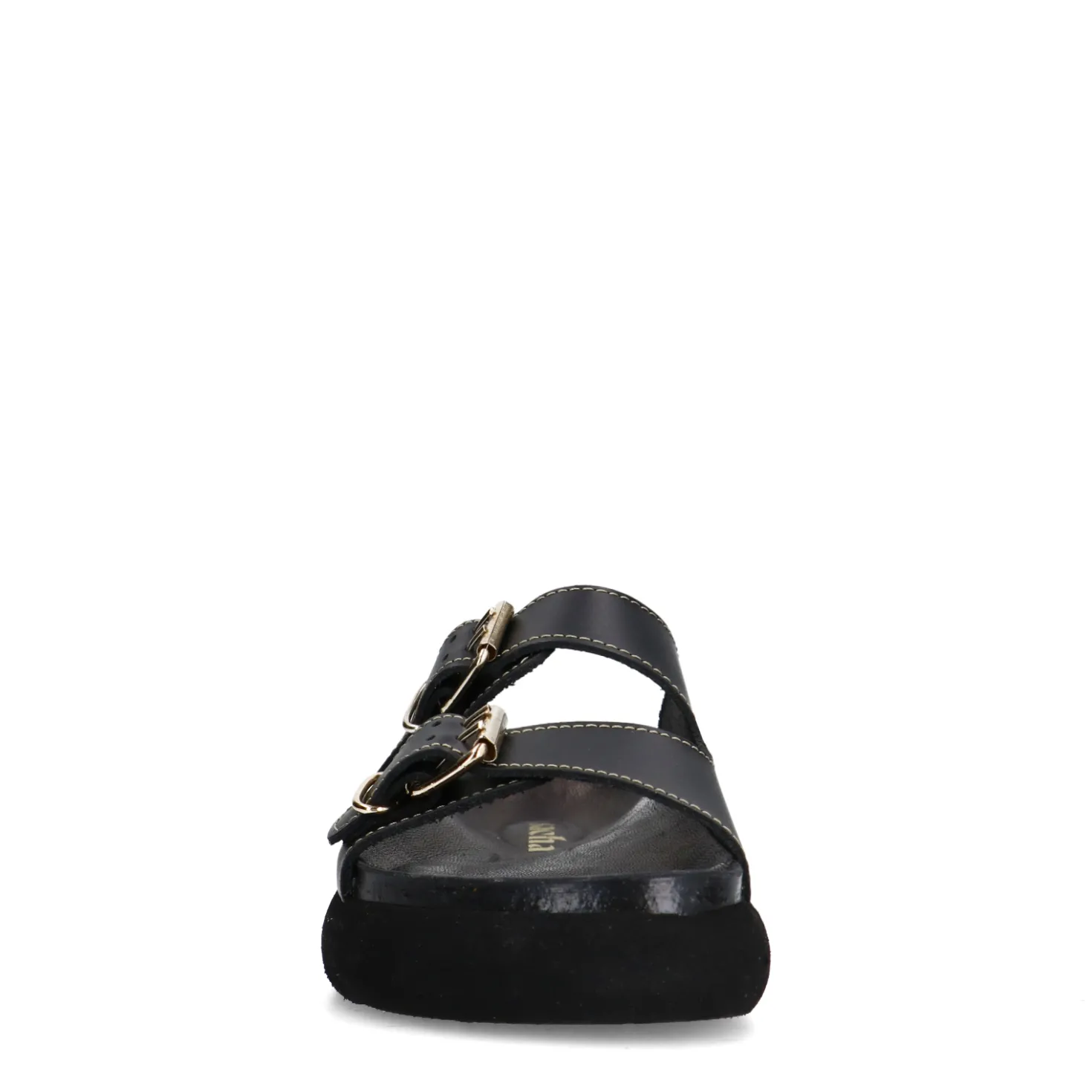 Zwarte leren slippers met goudkleurige buckles