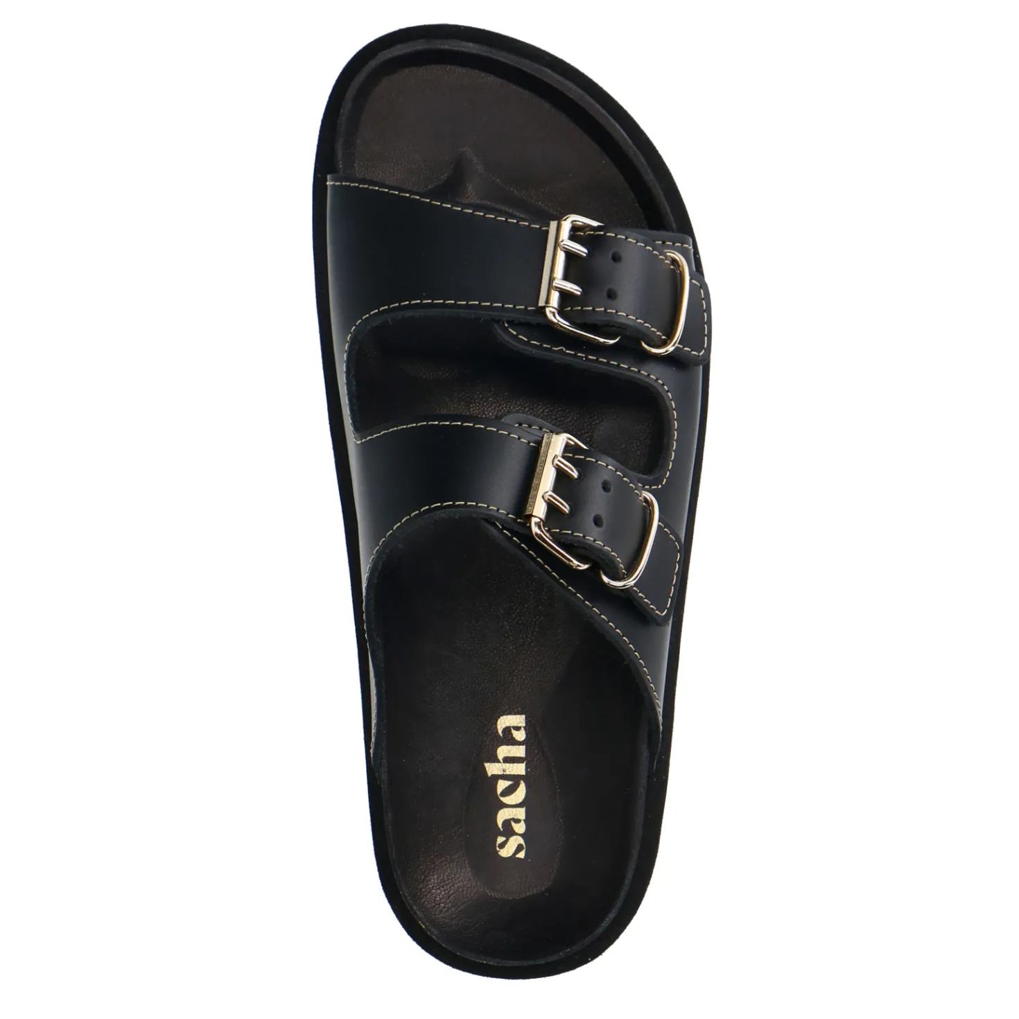 Zwarte leren slippers met goudkleurige buckles